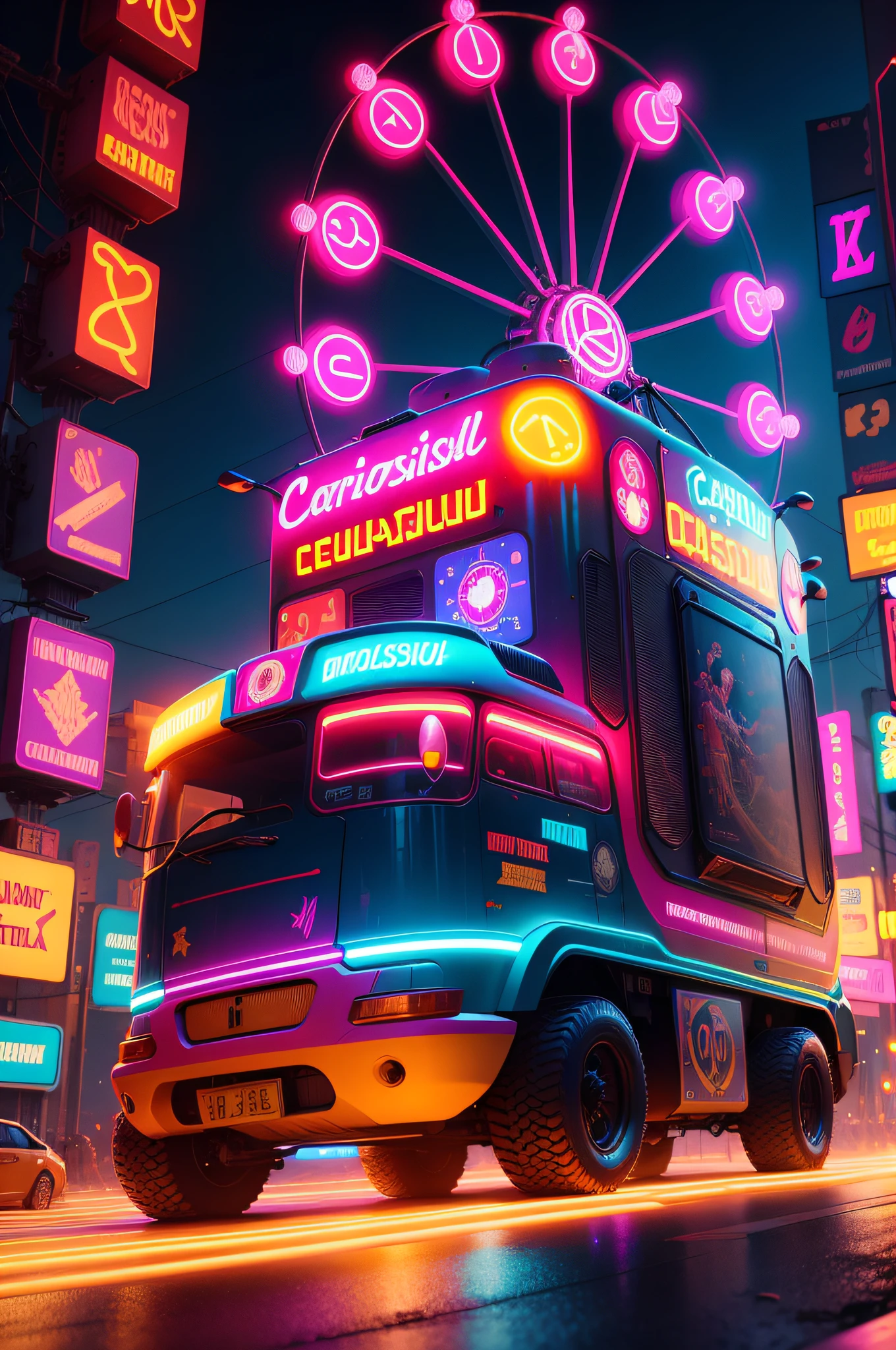 carrossel futurista, neon, vivid illumination, cyberpunk, carrossel animado, 8k, paisagem, carrossel
