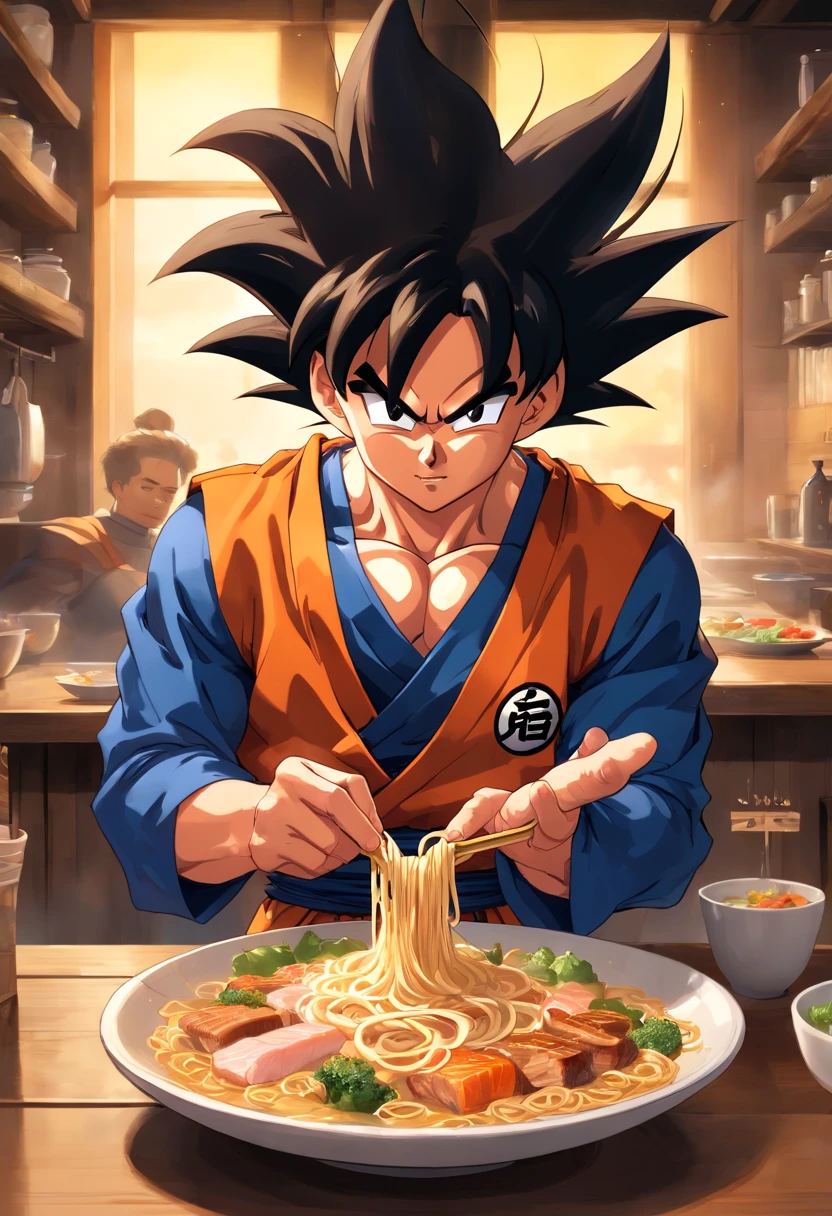 Dragon Ball Goku,Great ape, full body portrait,of a real,Facial features are carefully depicted,Realistic skin texture,Dark style,depth of fields,high light,Real light,Ray traching,oc rendered,Hyper-realistic,best qualtiy,8K,Works of masters,super-fine,Detailed pubic hair,Correct anatomy,sharp focus on eyes,facial features are carefully depicted. Goku Disfrutando de Fideos Chinos en un Restaurante" Description: En un restaurante acogedor con toques orientales, Goku, el famoso guerrero saiyajin, se encuentra en la cocina, rodeado de aromas deliciosos. Dressed in his iconic martial arts uniform, Goku is sitting on a high stool in front of a kitchen counter.. A cup of steaming Chinese noodles rests in front of him, mientras sostiene los palillos con destreza. With a smile of anticipation, Goku se dispone a saborear los fideos con entusiasmo. His fellow Z warriors meet at a nearby table, Observing with amusement his encounter with terrestrial cuisine. Behind him, los chefs del restaurante, ataviados con sus uniformes tradicionales, They watch with admiration the legendary fighter as he enjoys the meal. The atmosphere is full of warmth and camaraderie, despite the epic adventures that Goku and his friends regularly face. Soft lighting enhances the scene, making the colors of the ingredients and the decoration of the restaurant shine with a cozy luminosity. La imagen captura un momento inusual y relajado en la vida de Goku, showing his most human side while enjoying an earthy meal in the midst of his amazing exploits.