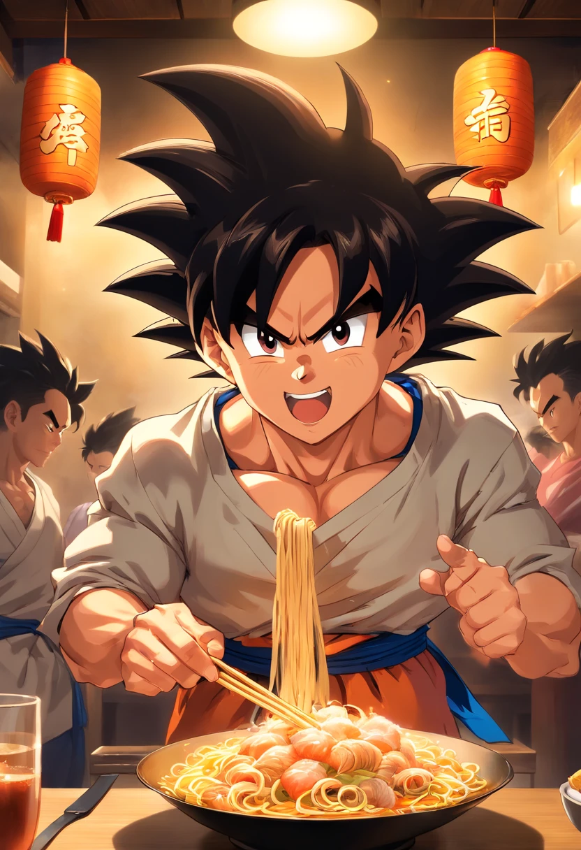 Dragon Ball Goku，Great ape, full body portrait，of a real，Facial features are carefully depicted，Realistic skin texture，Dark style，depth of fields，high light，Real light，Ray traching，oc rendered，Hyper-realistic，best qualtiy，8K，Works of masters，super-fine，Detailed pubic hair，Correct anatomy，sharp focus on eyes，facial features are carefully depicted. Goku Disfrutando de Fideos Chinos en un Restaurante" Description: En un restaurante acogedor con toques orientales, Goku, el famoso guerrero saiyajin, se encuentra en la cocina, rodeado de aromas deliciosos. Dressed in his iconic martial arts uniform, Goku is sitting on a high stool in front of a kitchen counter.. A cup of steaming Chinese noodles rests in front of him, mientras sostiene los palillos con destreza. With a smile of anticipation, Goku se dispone a saborear los fideos con entusiasmo. His fellow Z warriors meet at a nearby table, Observing with amusement his encounter with terrestrial cuisine. Behind him, los chefs del restaurante, ataviados con sus uniformes tradicionales, They watch with admiration the legendary fighter as he enjoys the meal. The atmosphere is full of warmth and camaraderie, despite the epic adventures that Goku and his friends regularly face. Soft lighting enhances the scene, making the colors of the ingredients and the decoration of the restaurant shine with a cozy luminosity. La imagen captura un momento inusual y relajado en la vida de Goku, showing his most human side while enjoying an earthy meal in the midst of his amazing exploits.