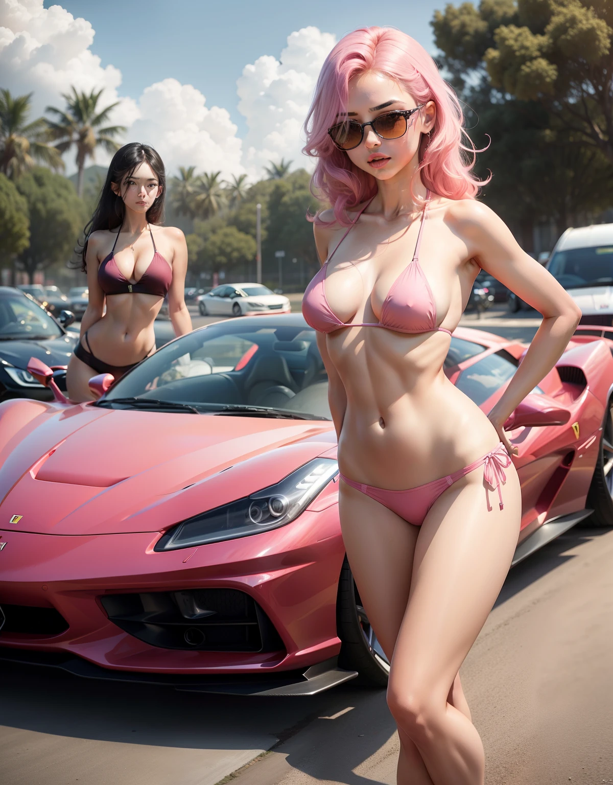 pink ferrari and girls in bikini