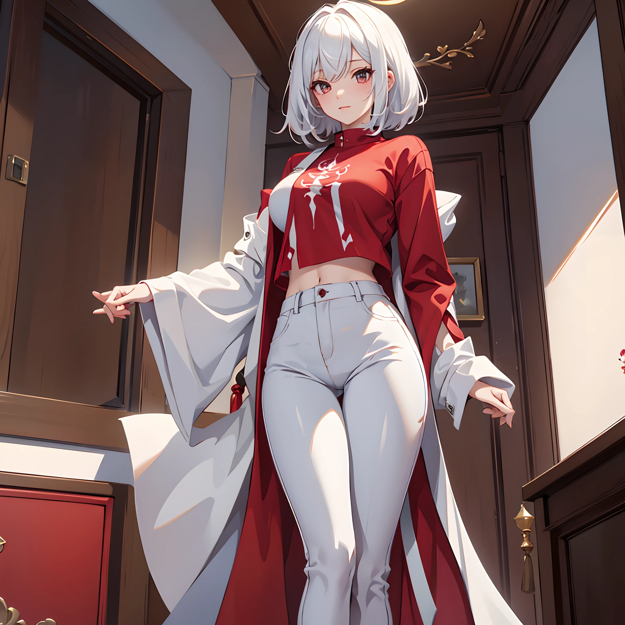 tmasterpiece, hiquality, detailing, A girl, white pants, Red shirt, backboob, Indoors, white colored hair, spreading legs, perineum