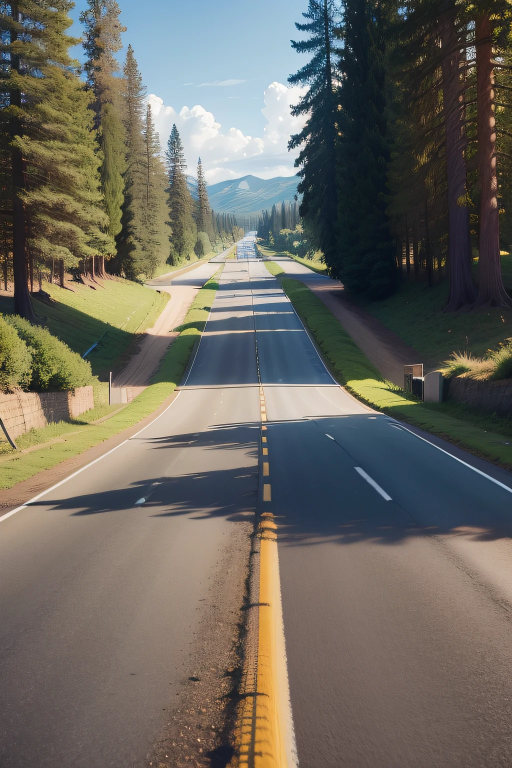 a realistic photo of a road in nature and happy animals