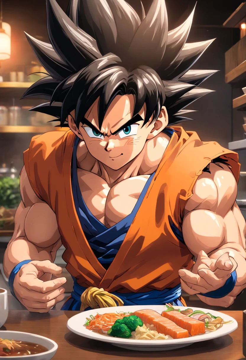 Dragon Ball Goku，Great ape, full body portrait，of a real，Facial features are carefully depicted，Realistic skin texture，Dark style，depth of fields，high light，Real light，Ray traching，oc rendered，Hyper-realistic，best qualtiy，8K，Works of masters，super-fine，Detailed pubic hair，Correct anatomy，sharp focus on eyes，facial features are carefully depicted. Goku Disfrutando de Fideos Chinos en un Restaurante" Description: En un restaurante acogedor con toques orientales, Goku, el famoso guerrero saiyajin, se encuentra en la cocina, rodeado de aromas deliciosos. Dressed in his iconic martial arts uniform, Goku is in a kitchen counter con un plato de tallarines chinos, mientras sostiene los palillos con destreza. With a smile of anticipation, Goku se dispone a saborear los fideos con entusiasmo. His fellow Z warriors meet at a nearby table, Observing with amusement his encounter with terrestrial cuisine. Behind him, los chefs del restaurante, ataviados con sus uniformes tradicionales, They watch with admiration the legendary fighter as he enjoys the meal. The atmosphere is full of warmth and camaraderie, despite the epic adventures that Goku and his friends regularly face. Soft lighting enhances the scene, making the colors of the ingredients and the decoration of the restaurant shine with a cozy luminosity. La imagen captura un momento inusual y relajado en la vida de Goku, showing his most human side while enjoying an earthy meal in the midst of his amazing exploits.