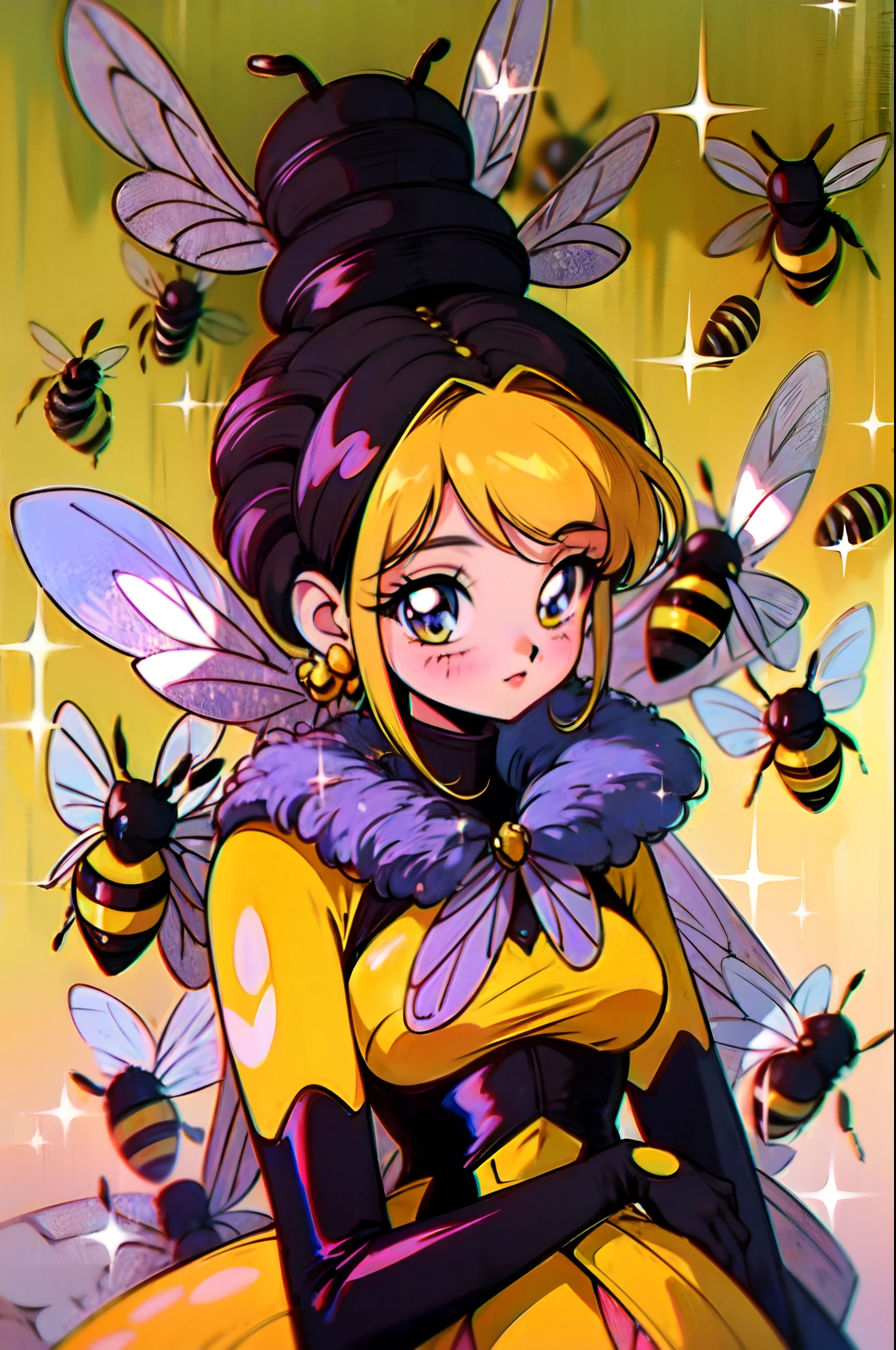 vintage anime magical girl, sparkly, bee girl, wand, (bee:1.5), bee suit, yellow with black stripes, bee hive, honey