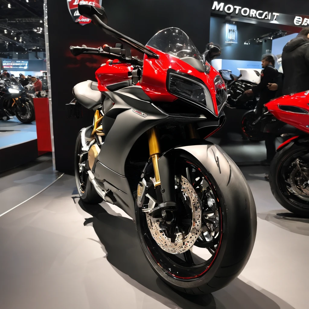 Ducati motorciycle black aluminium at auto expo in japan realistic cinematic, especifications the floor  base is a mirrow reflction, in the back the crod of the expo watching the great bike