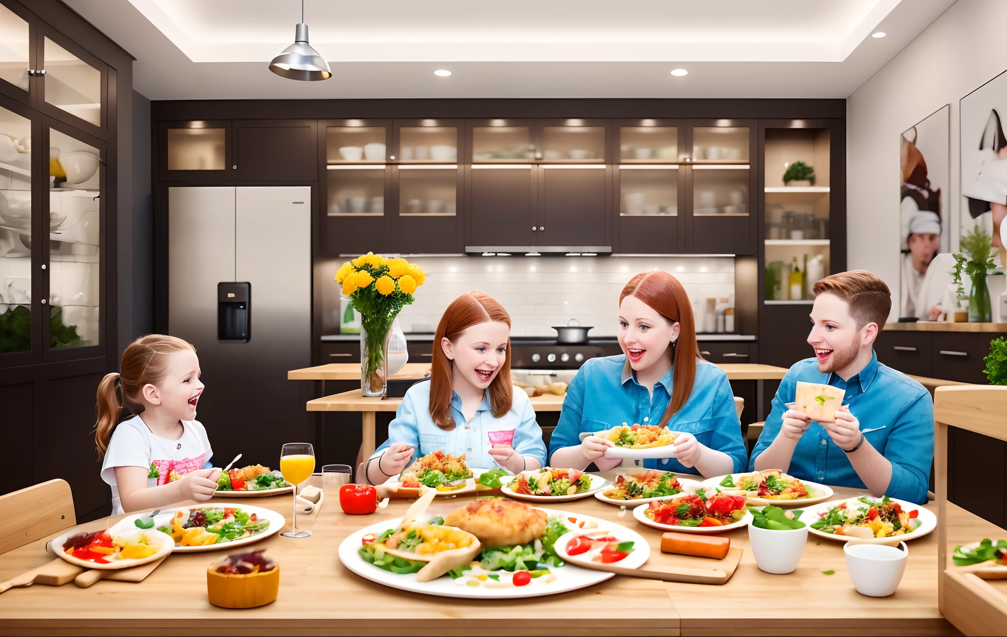 there are many people sitting around a table eating food, bringing people together, vibrant atmosphere, true realistic image, overheard camera view of kitchen, promo image, family dinner, everyone having fun, a hyper realistic, people inside eating meals, families playing, hyper - realistic, hyper-realistic, “hyper realistic, hyper realistic”, mixed art, hyper realistic ”