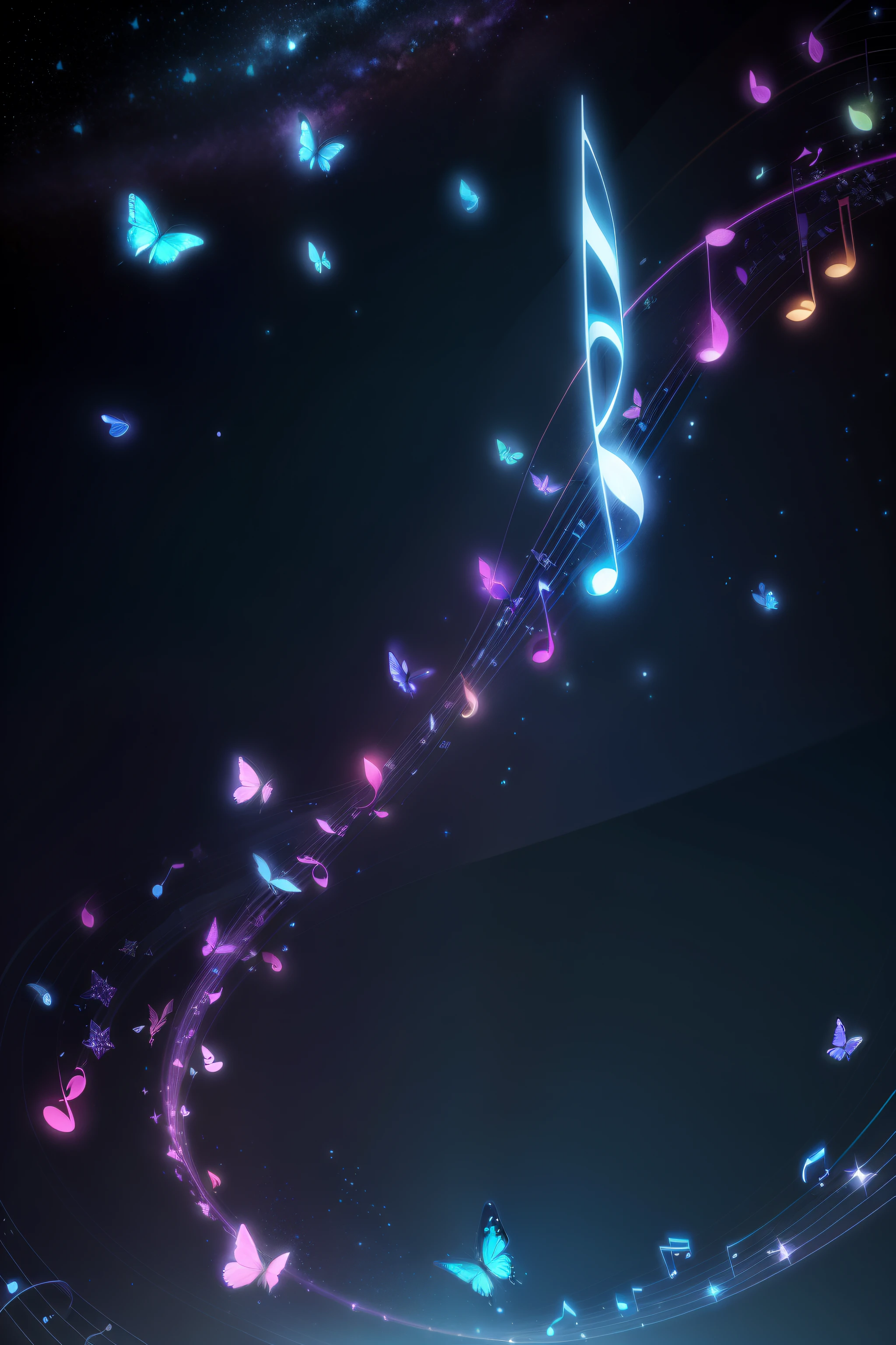 Music notes glow around a blue swallowtail butterfly,Swallowtail butterfly,A series of notes,Countless stars,nigh sky,Beautiful holograms,drapes,A faint series of musical notes in the night sky,Blue swallowtail butterfly,ren,mystical,ethereal anime,Faint rainbow,light reflections, musical note,score,Keyframes, ethereal anime, ethereal stills, anime key