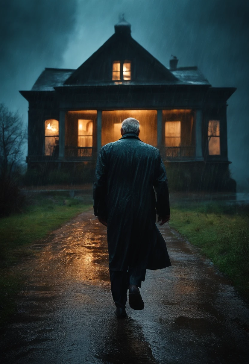 cinematic image image of a 50-year-old man, rain running down his face, approaching a haunted house.