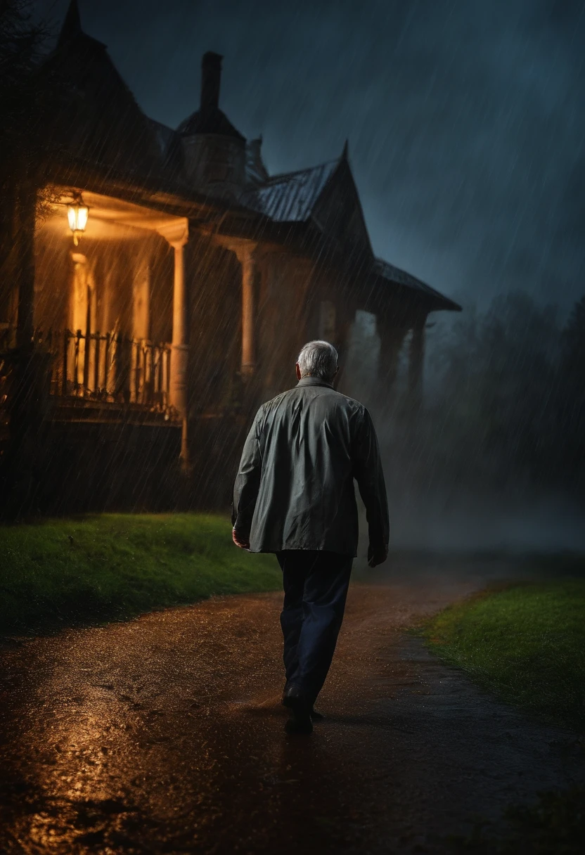 cinematic image image of a 50-year-old man, rain running down his face, approaching a haunted house.