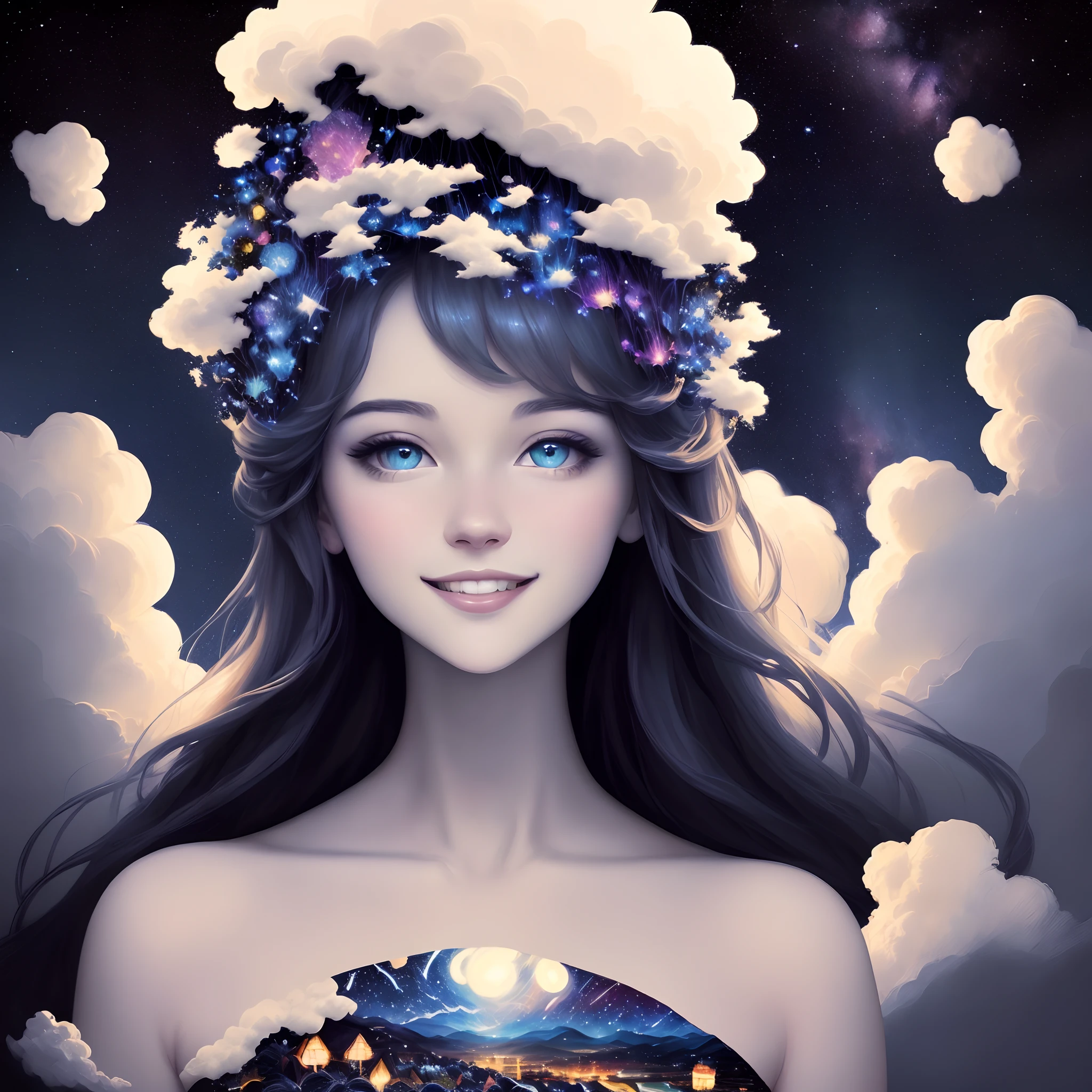 "Create a Nebulous Art-style image of a happy girl surrounded by (((intricate details))), (((highest quality))), and an (((extremely detailed composition))) of fluffy, white clouds against a majestic starry night sky. Use a color palette that captures the essence of the night. Suggested artists for reference: Leonid Afremov, Peter Mohrbacher, and James R. Eads."