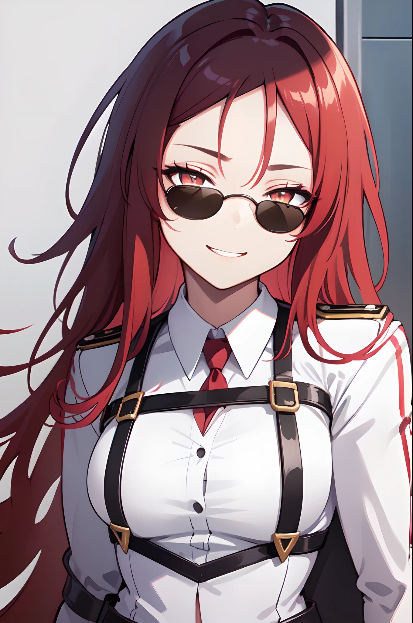 1girl, woman, solo, long hair, big hair, (forehead:1.2), (round sunglasses:1.19), yellow eyes, ((scarlet red hair)), medium breasts, devilish grin from below, white hair, (overcoat, black coat, open coat:1.2), white shirt, collared shirt, (chest harness, shoulder strap:1.15), black leather shorts, garter belt, gloves, (from below), elegant, looking at viewer, standing, chromatic aberration, (close-up to face:1.2), face only masterpiece, best quality, 4k