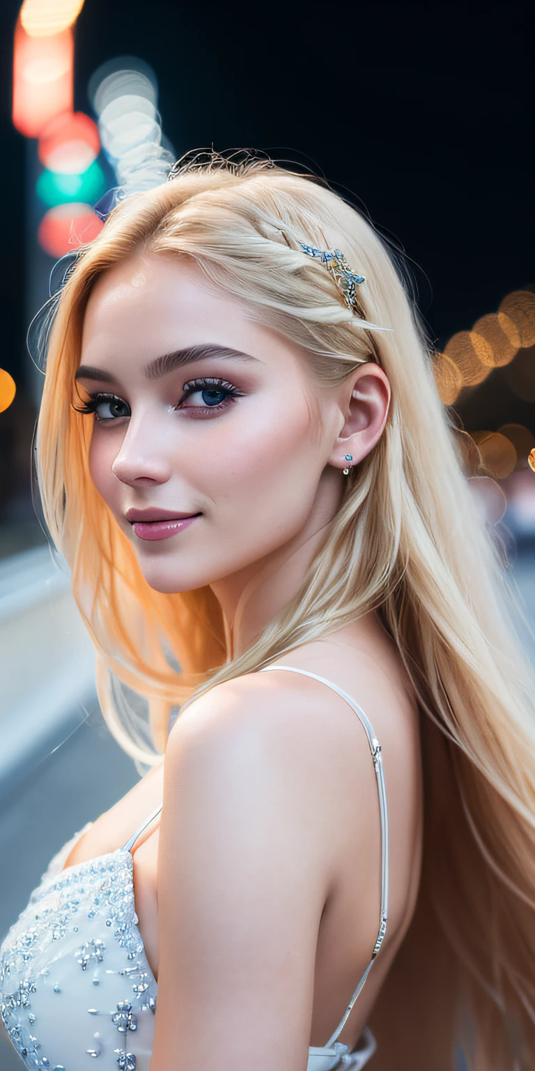 photo of a Russian girl, 20 years old, ..RAW, Beautiful woman, (Long, blonde hair), ((3/4)) ((front)) ((profile)) ((portrait)), ((Detailed face :1.2)), ((detailed facial features)), (Finely detailed skin), pale skin, park, London Ferris Wheel、One-piece with visible fluffy neckline、A sexy(Cold Color), wet, Reflectors, (Masutepiece) (Perfect proportions)(Realistic photos)(Best quality) (Detailed) photographed with a Canon EOS R5, 50mm Lens, f/2.8, NFFSW, (Smiling) (Carpet) (Cinematic Lighting) (Dramatic Lighting) ( Sharp Focus) (Tortuous) mode,