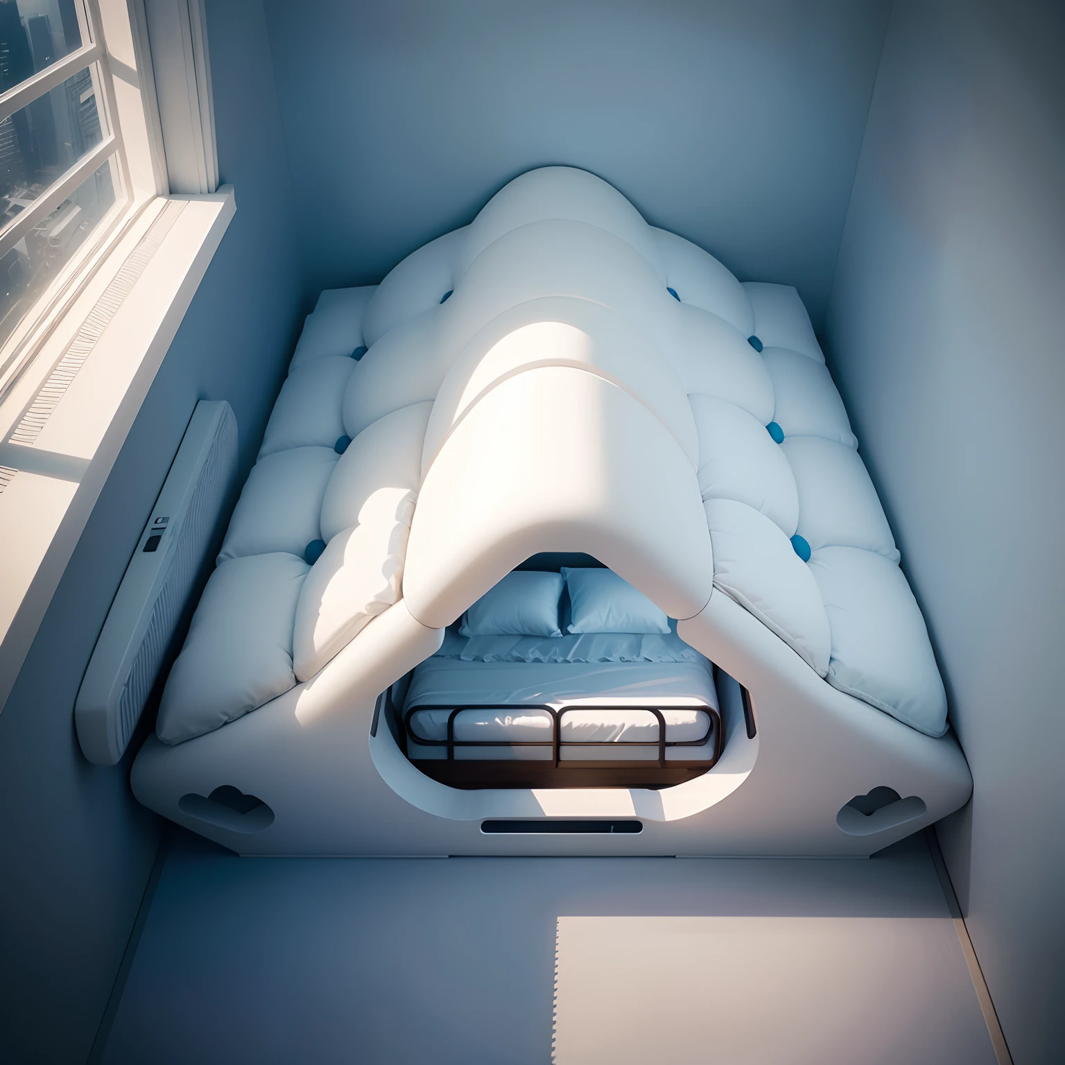 Bed with extra soft mattress, Bed of irregular geometric shape, Bed in the style of the architect Gaudí, Very convenient, Futuristic bed, Unusual bed, The strangest bed, A hyper-realistic, Nikon D7000, ISO 120, diffused lighting
