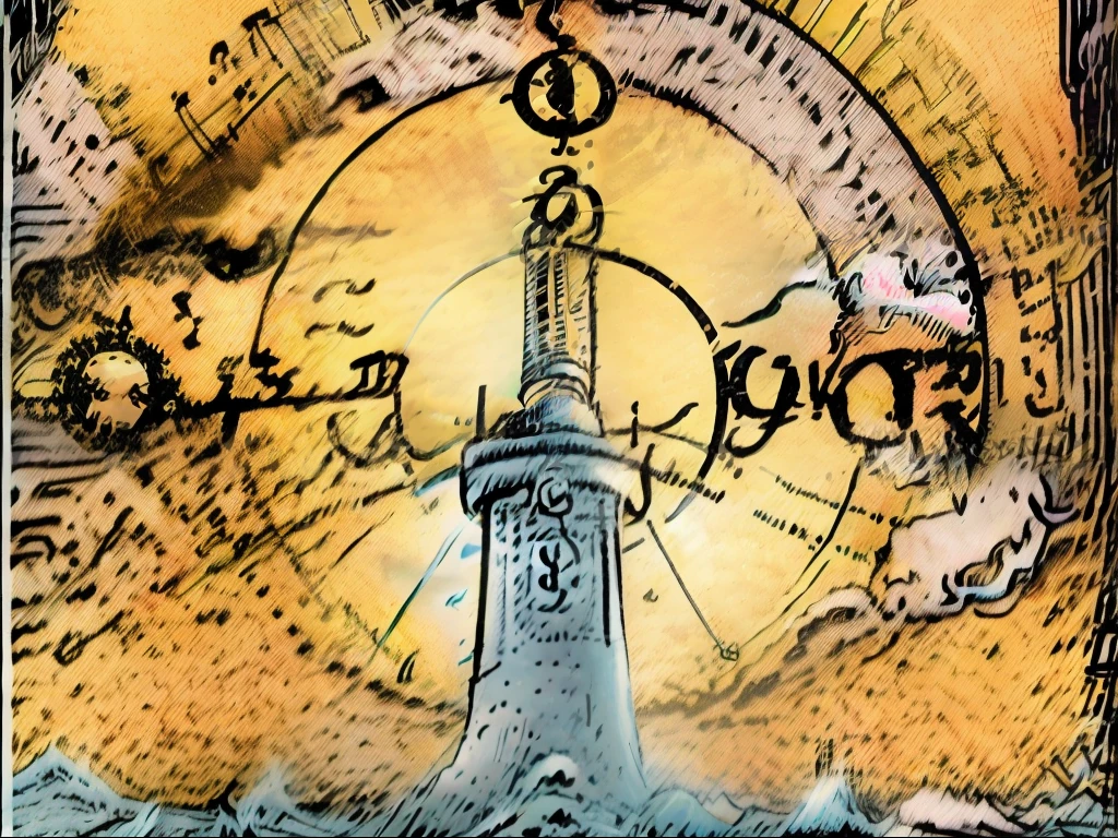 9 crossed silver swords
1 sea with waves
1 hurricane in the background of the swords(no mar)
1 bright yellow sun
1 calm and starry orange sky
Tarot card=9 de espadas