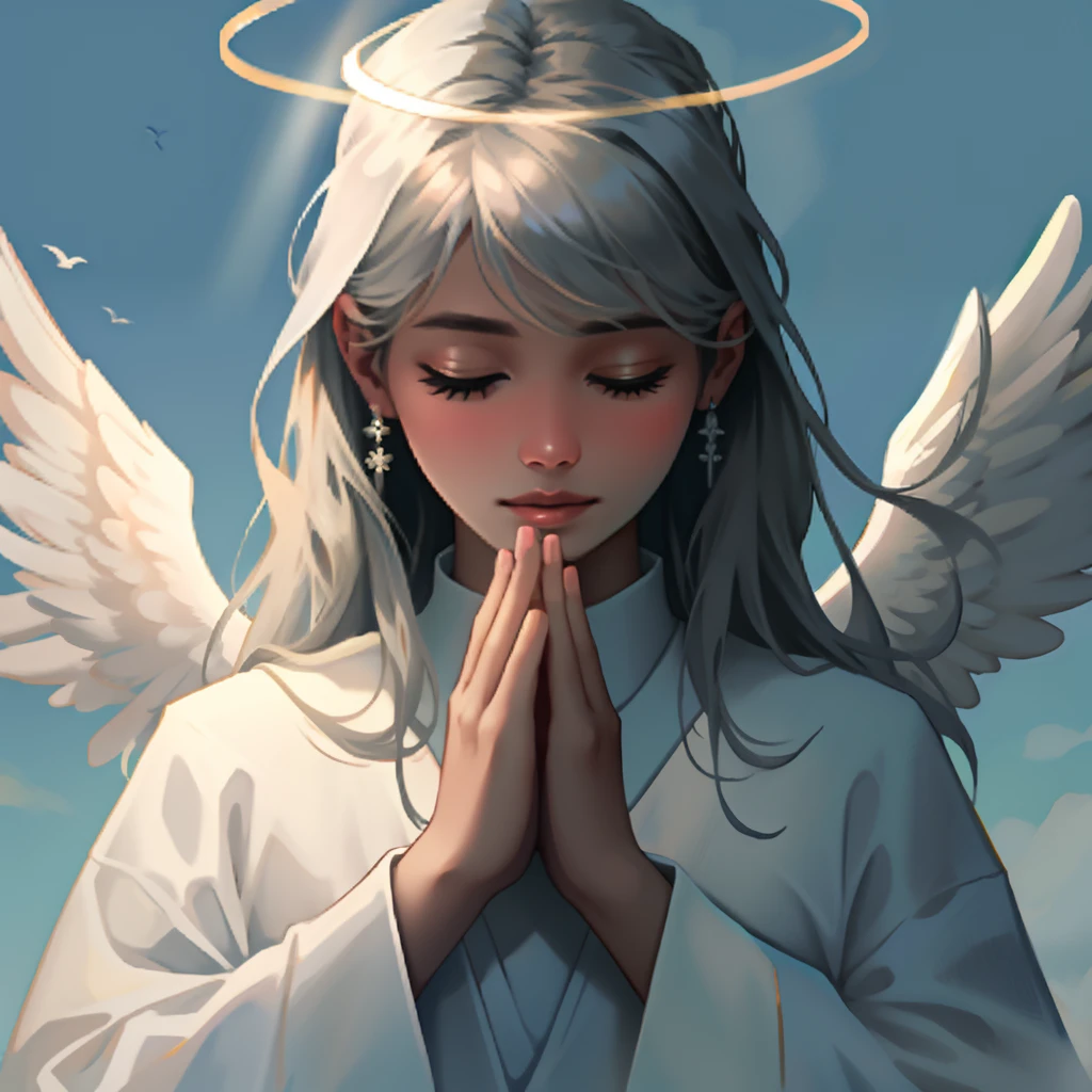 Ultra realistic angel looking forward with serene halo dressed in white with praying hands serene look