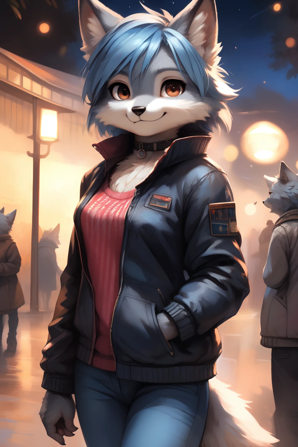 Author: Kenket, Author: totesfleisch8, (Author: thebigslick, Author: silverfox5213:0.8), (by syuro:0.2), (Author: qupostuv35:1.2), (hi res), ((Masterpiece)), ((Best Quality)), illustartion, Furry, Wolf, animal ears, Body fur, 1girl, 独奏, ((Short blue hair)), *//*, brown eye, *//*, looking a viewer, Smile, The Wolf Girl, (((woman's))), ((small breasts)), young adult, Park, (night time), Toned body, Choker, cute pose, ((jacket & Jeans)), lofi, Fluffy anthropomorphic wolf, Fluffy wolf nose, wolf tail, ((light gray fur)), (perspective)