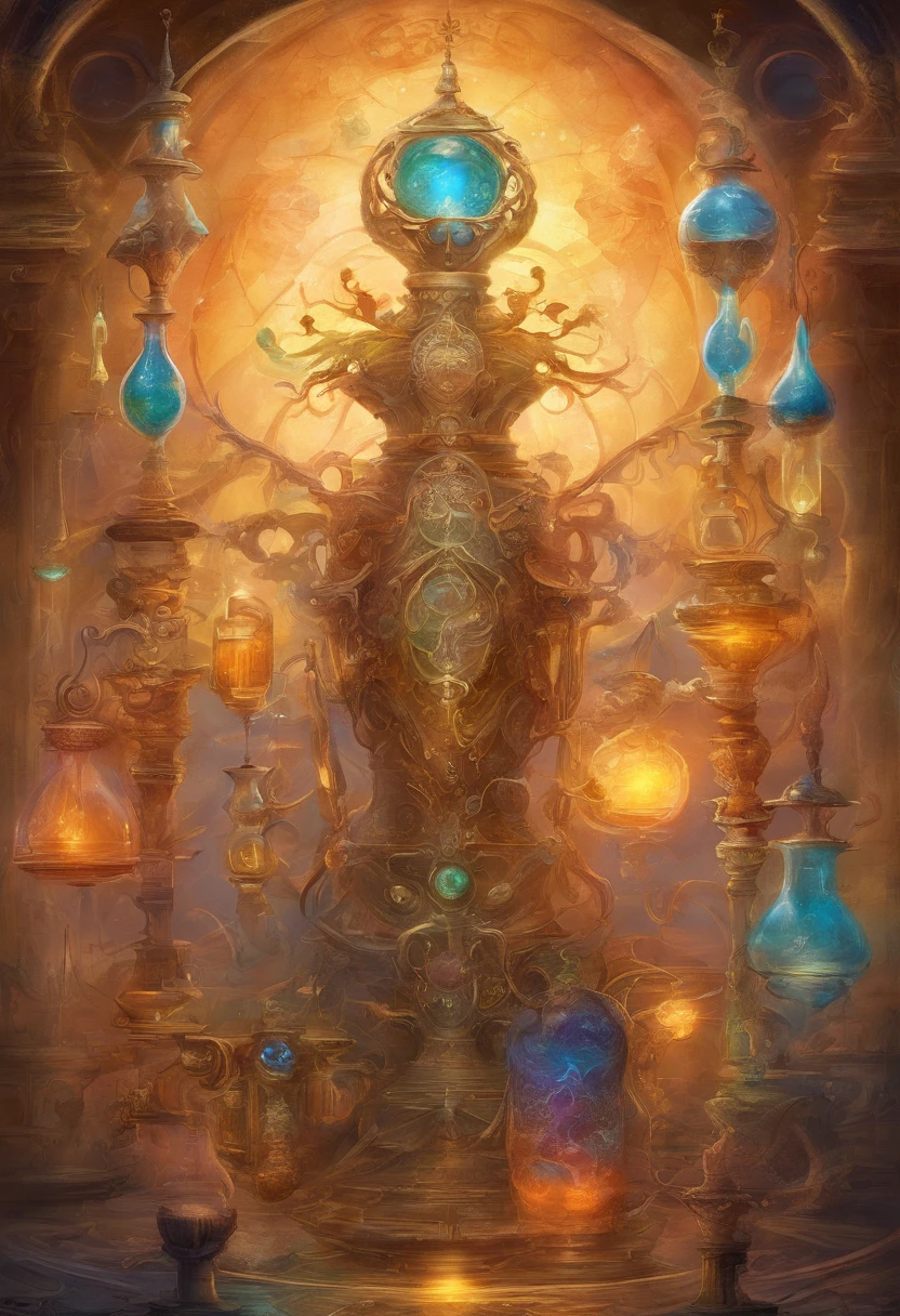 translucent human body without limbs or head filled completely filled with luminescent liquors swirling around. Fantasy alchemy. The liquid inside seems to ebb and flow as if it has a heartbeat of its own. Connected to an elaborate system of glass tubes, valves and boiling flasks filled with otherworldly concoctions - all parts of some esoteric alchemical equipment.