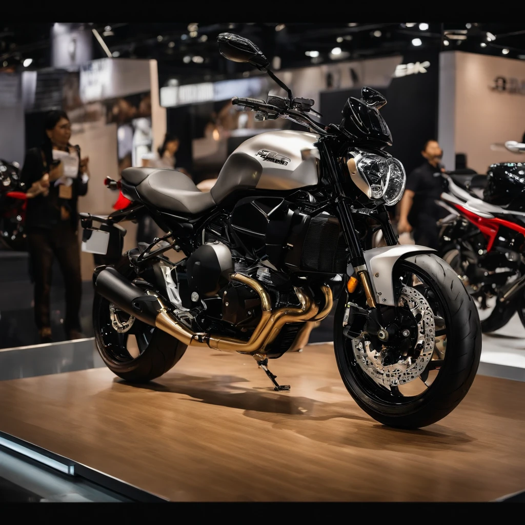 Blonde nice edecan with aDucati motorciycle black aluminium at auto expo in japan realistic cinematic, especifications the floor base is a mirrow reflction, in the back the crod of the expo watching the great bike