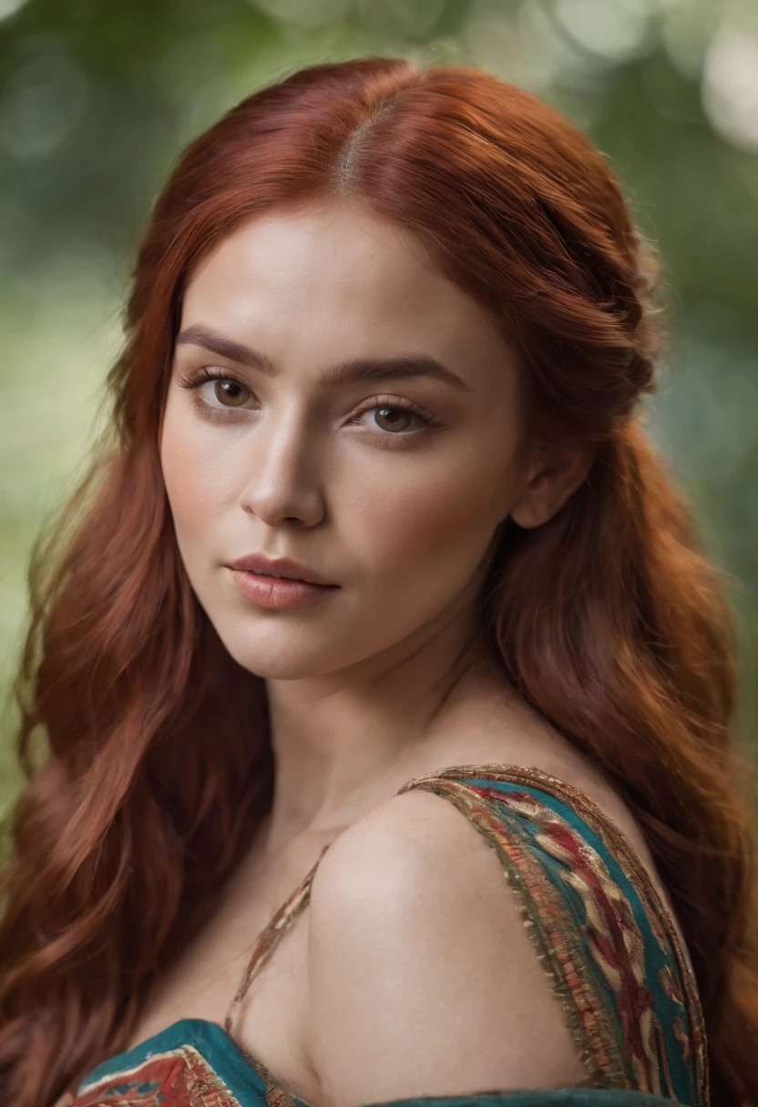 A goddess of a woman with a caramel complexion and vibrant red hair. With tribal markings only on her cheeks, lower lip and shoulder.