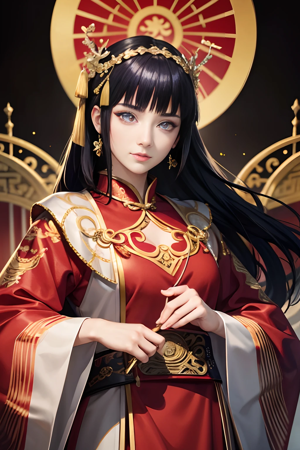 A woman in a red Chinese costume stands next to a supercar,Exquisite phoenix crown,anatomy correct,A detailed eye, 二重まぶた,Whiten skin,delicate patterned,Oriental elements,Ink painting style, Clean colors,Golden space, Soft lighting, ( Bokeh),Masterpiece, Super detailed, Epic composition, Highest quality, 4K,Blunt Bangs, purple eyes, dark blue hair