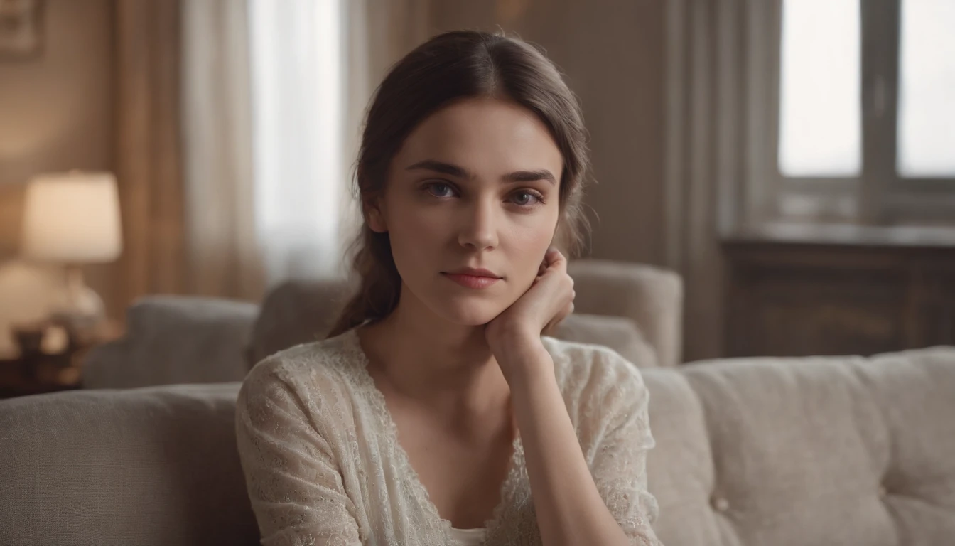 A 25-year-old girl, sad eyes, arms crossed, sitting on a couch in a softly lit room
