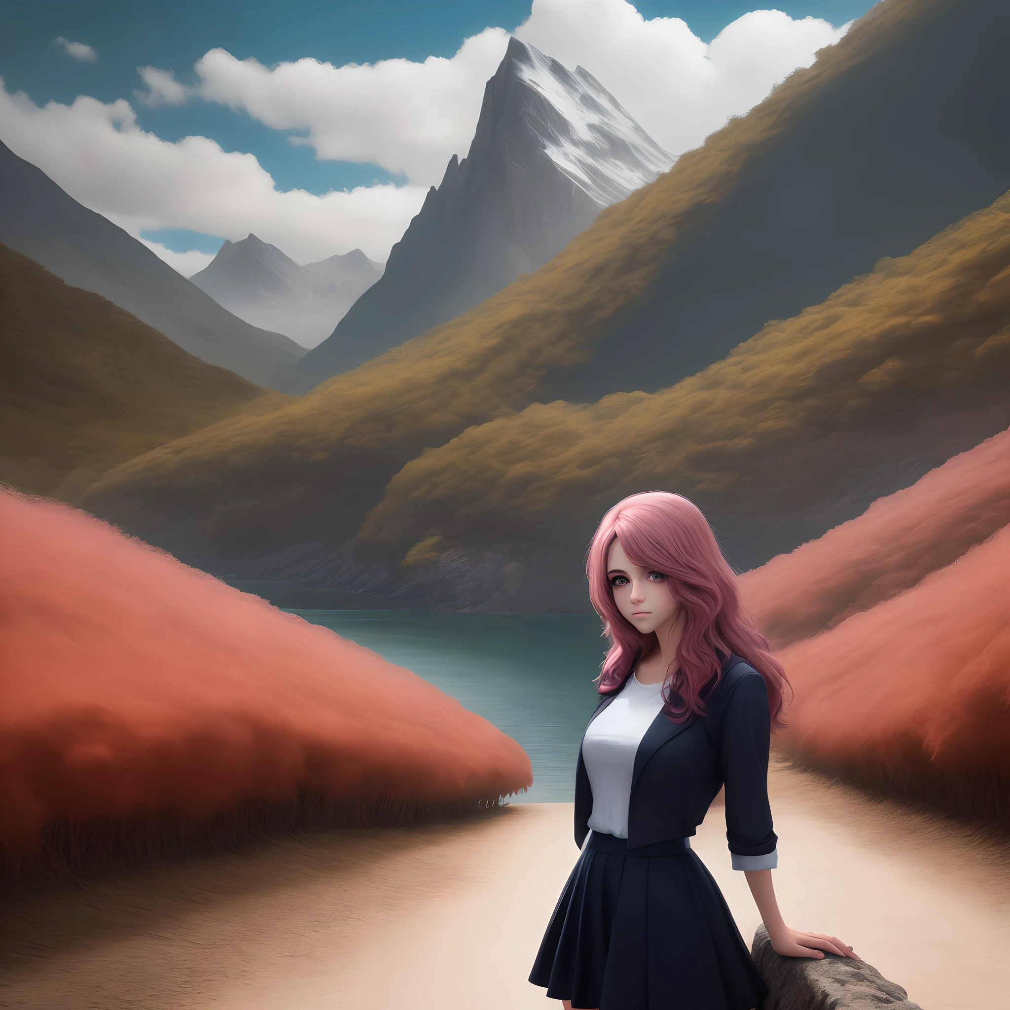 Quiero un chica hermosa estilo waifu, cabello rosa, que este posando , fondo llamativo, en un paisaje hermoso.