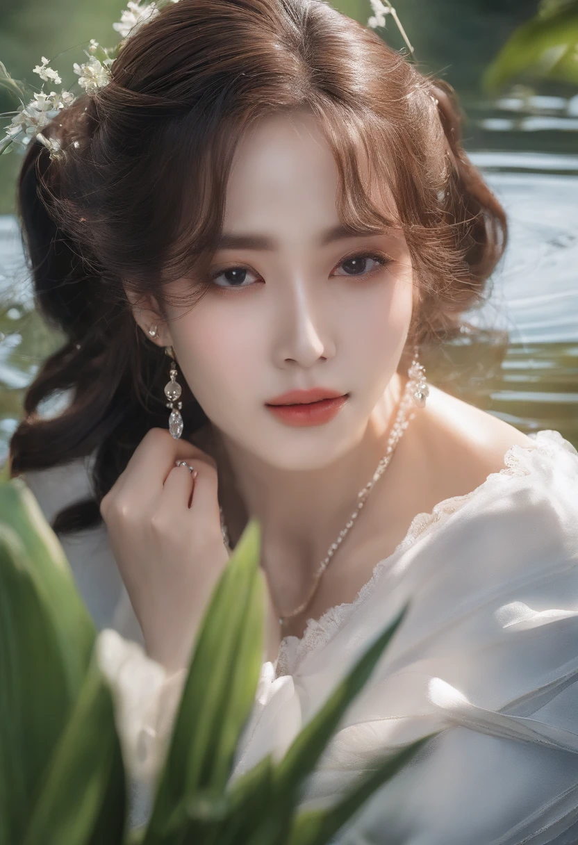 ((top-quality、8K、​masterpiece：1.3))、foco nítido：1.2、Beautiful Women in Perfect Style：1.4、Slender Abs：1.2、((dark brown hair、Colossal tits：1.2))、(natural soft light、the woods:1.1)、Highly detailed facial and skin texture、A detailed eye、二重まぶた、Ponytail、Close your eyes、Hold your hand over、Looks fun、Grab the fish、Water splashed、Nose hook、slaves、