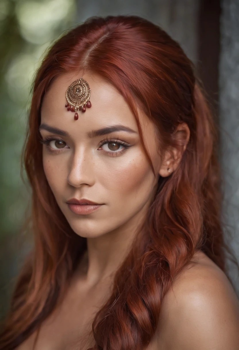 A goddess Latin woman with a caramel complexion and vibrant red hair. With tribal markings only on her cheeks, lower lip and shoulder.