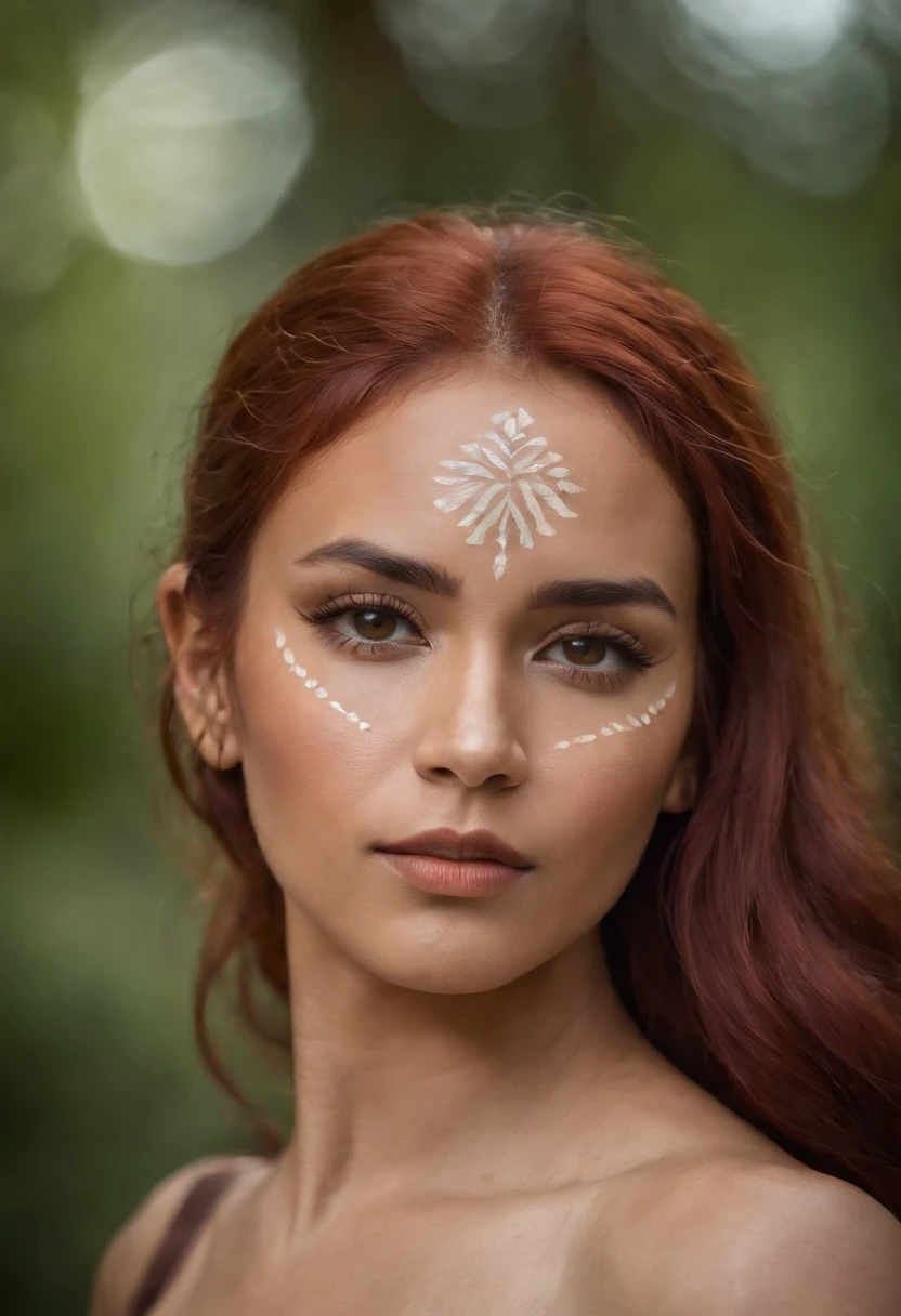A goddess Latin woman with a caramel complexion and vibrant red hair. With tribal markings only on her cheeks, lower lip and shoulder.