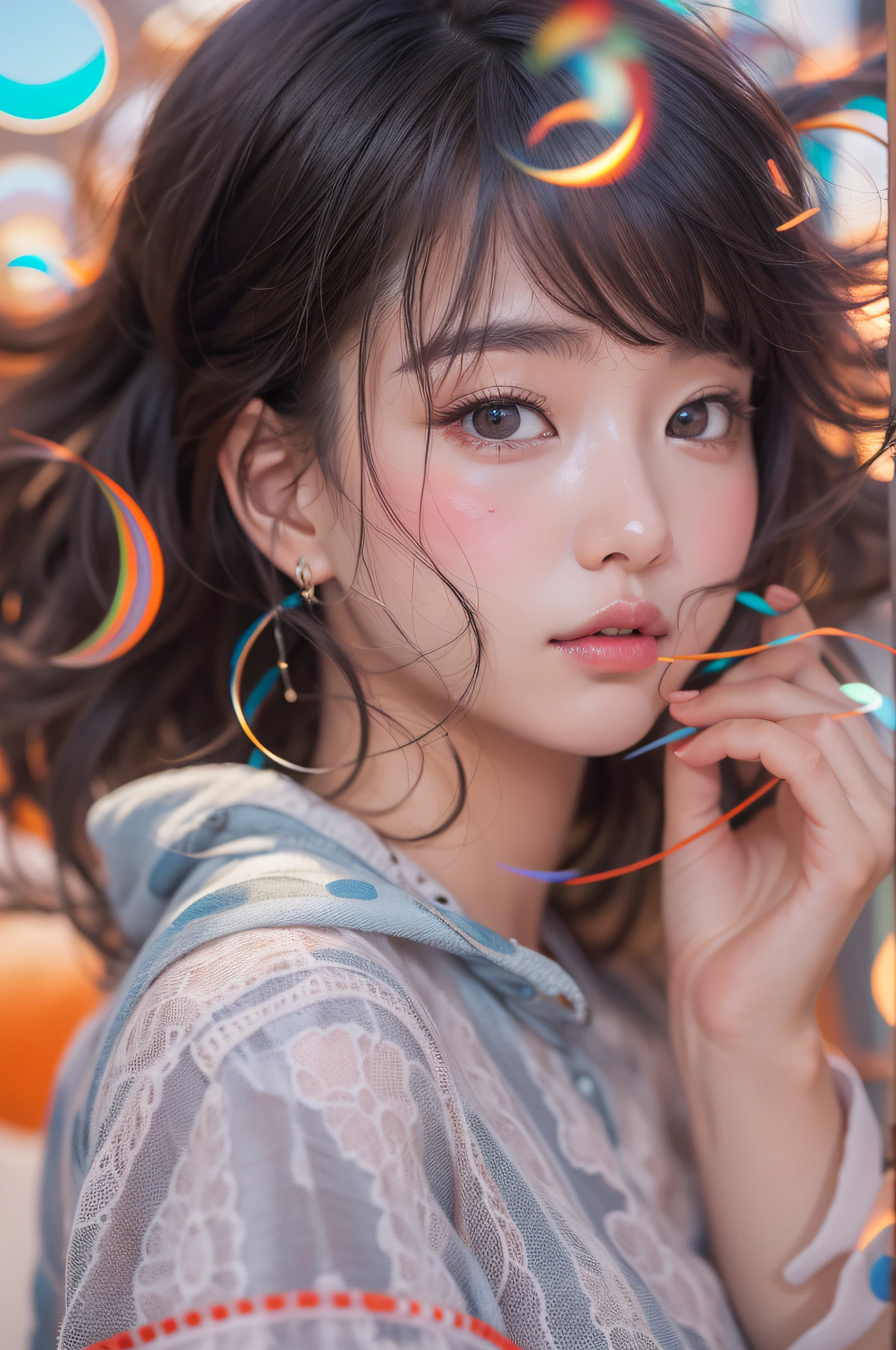 Eyebrows slightly lowered at the ends, The woman's face is delicately drawn and universally cute, Detailed eyes, Detailed drawn nose, Detailed mouth, Similar to the face of a Korean actress, korean idol, K-pop, Generate images of stunningly beautiful women with faces resembling Korean idols, Universally respected, flowing in the wind, Colorful wall with circle motif, Background of overlapping circles with primary colors, Circular spiral background, White floor, Asian Beauty Women, Shooting with a SLR, modeled, Blunt bangs, Jet black hair, bob, Lens Flare, Lens Flare, Bokeh, One-person viewpoint, Rear view, Wide Shot, chromatic abberation, Fujicolor, SPEEDLINE, surrealism, Verism, nffsw, Best Quality, hight resolution, Overexposure, upside-down, Realism, Anatomically correct, Textured skin, in 8K