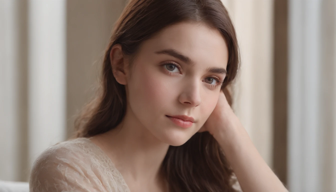 (best quality,highres,masterpiece:1.2),ultra-detailed,realistic,portrait of a 25-year-old girl with sad eyes and crossed arms, sitting on a sofa in a softly lit room, [soft and subtle lighting], [melancholic atmosphere], [warm color tones], [soft and cozy sofa], [gentle shadows], [subtle reflections], [detailed facial features], [fine lines], [delicate skin texture], [expressive eyes], [refined eyebrows], [lush lashes], [gentle expression], [relaxed posture], [subtle mood], [serene atmosphere], [indoor setting], [peaceful ambiance], [serene and dreamy feel], [subdued colors], [calm and tranquil atmosphere], [emotional depth], [quiet contemplation], [introspective mood], [subdued background elements], [subtle details], [subtle textures], [subtle emotions], [cozy and inviting space], [calming environment], [dreamlike quality], [subtle cinematic look], [subtle hints of sorrow], [captivating gaze], [thought-provoking], [subtle depth of field], [soft focus], [gentle highlights], [tender beauty], [subtle elegance].