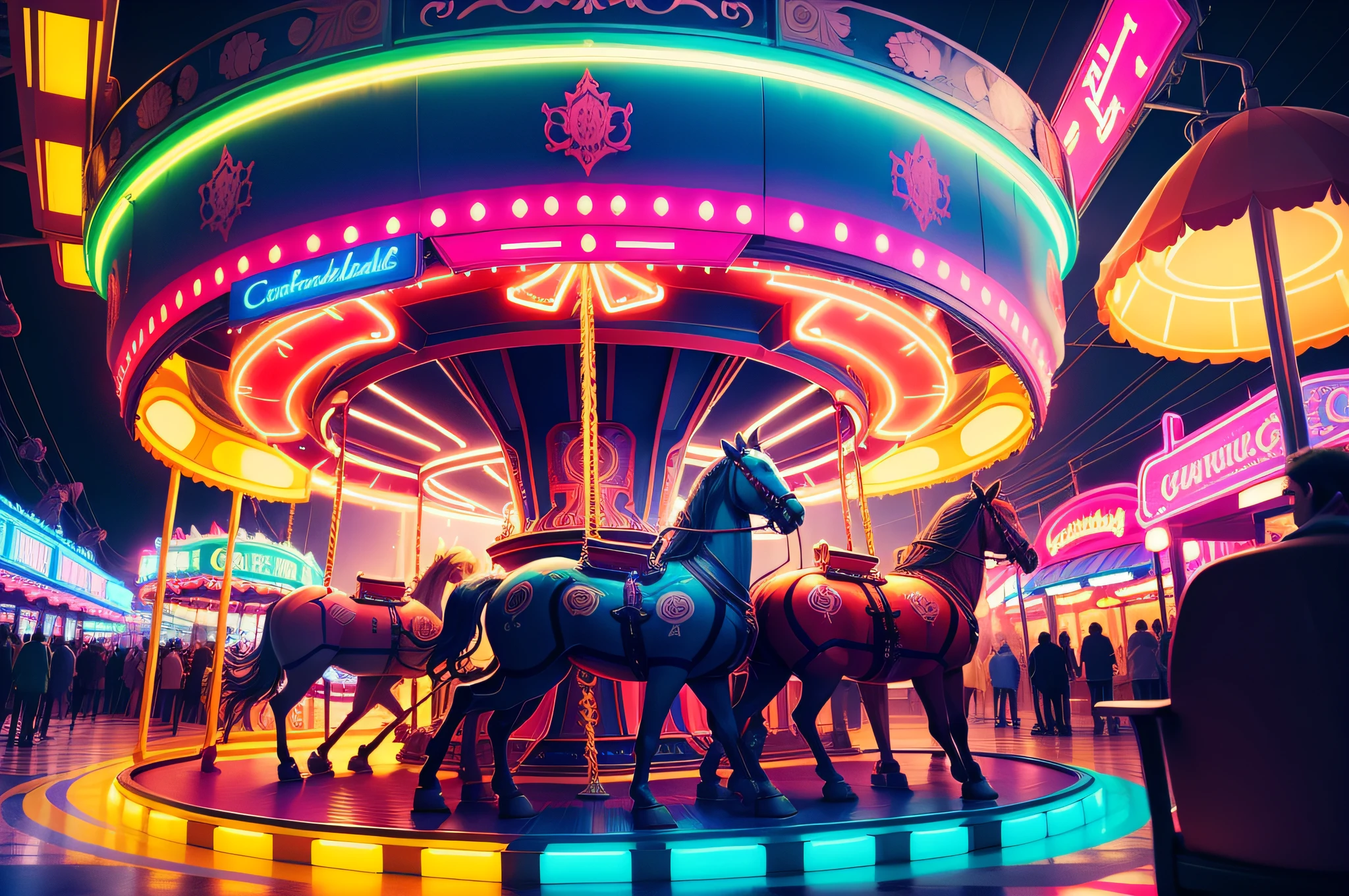 carrossel futurista,carousel, Neon light, cores vibrantes, brinquedo, amusement park, detalhado, paisagem, ruas estilo cyberpunk