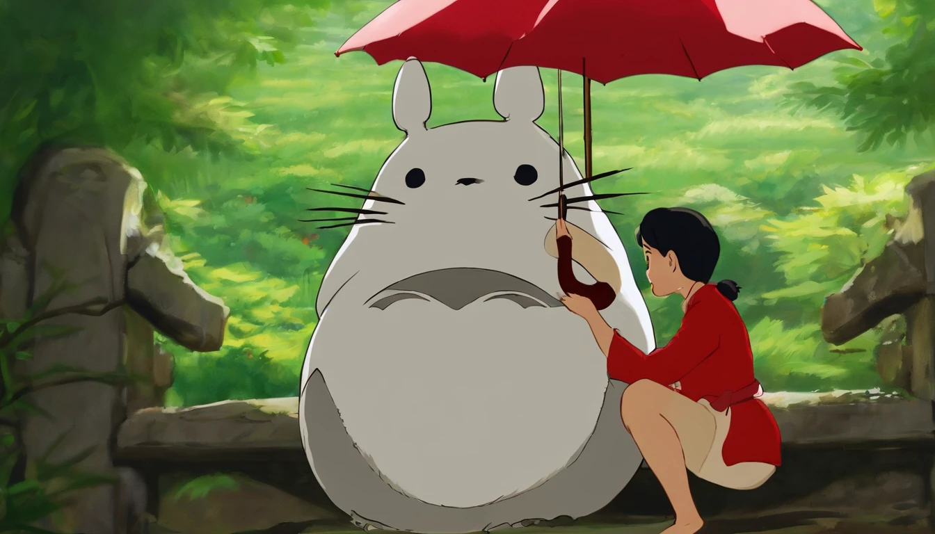 cena de Tonari no Totoro, Ghibli Studio Dash Design, dia de chuvoso, Well-dressed Asian women in white blouse and jeans, holding with red umbrella with on lap sitting on a stool, rosto detalhado,