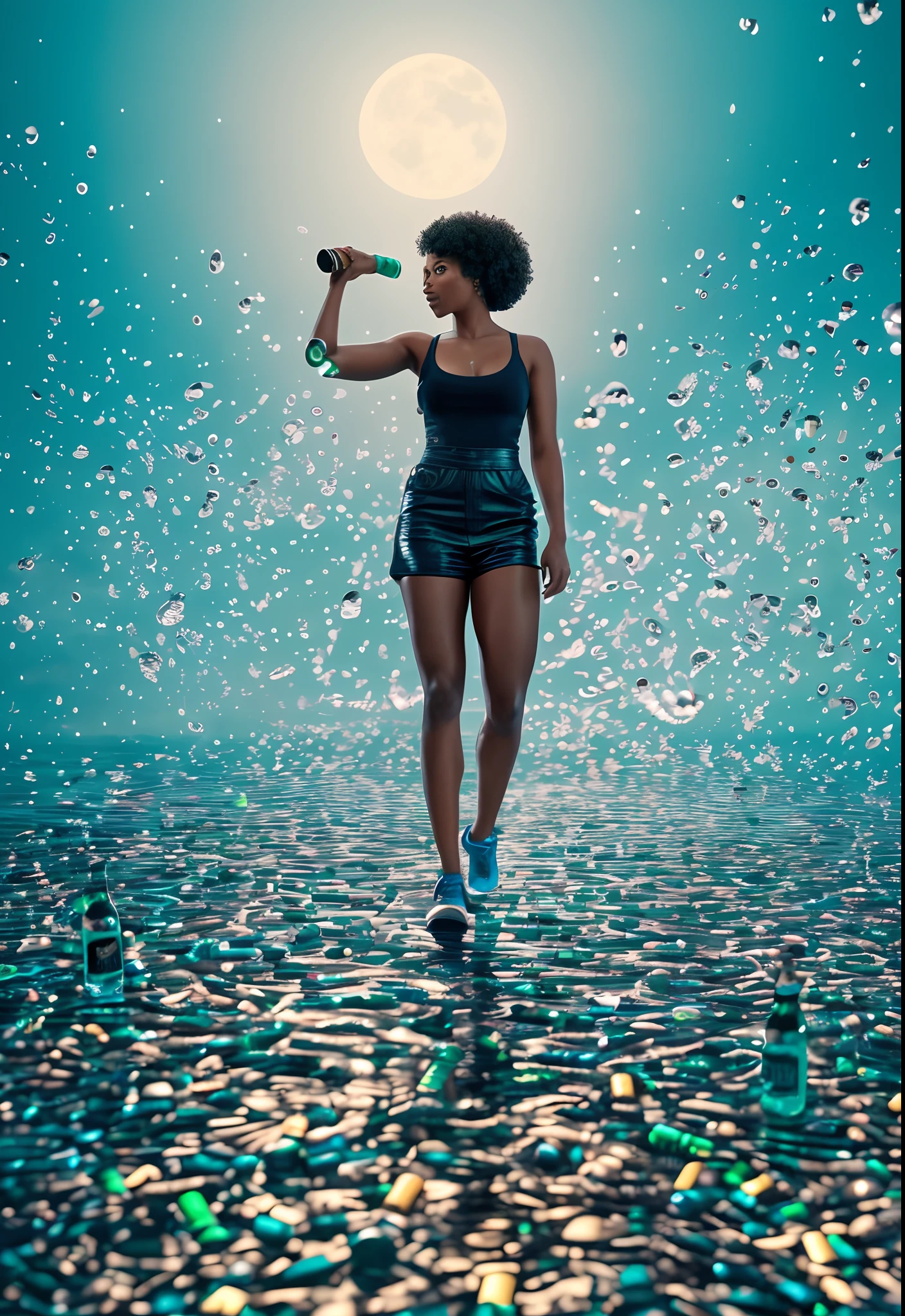 Full body shot of A black woman standing on a wet surface, surrounded by beer bottles and wine bottles floating in the air, blue moon in the sky shining blue light in the scene, with iridescent light, 8k, ultra HD, unreal engine rendered, cinematic lighting, artgerm style, bright and vibrant colours, photorealistic image, highly detailed facial features, highly detailed images, IMAX resolution quality shot, highly detailed limbs, highly detailed legs, highly detailed arms, --auto --s2