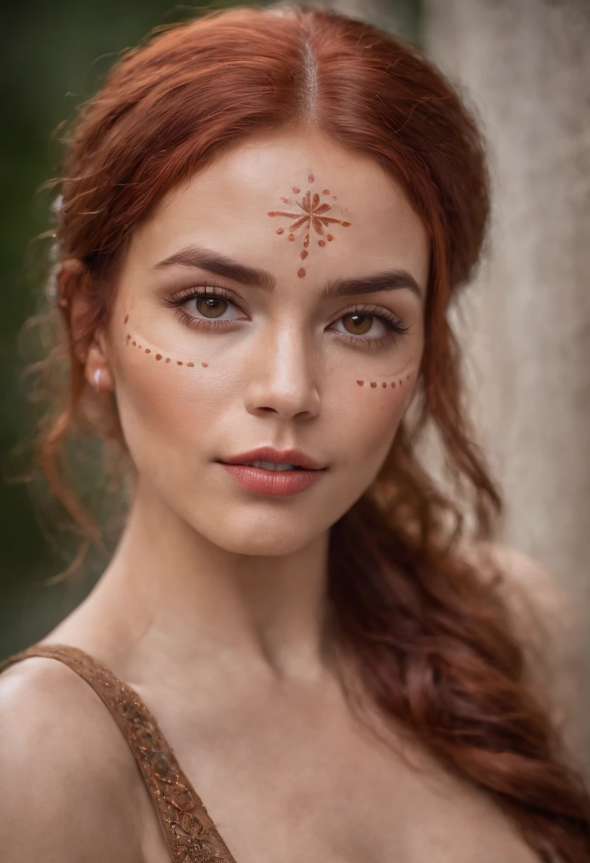 A goddess Latin woman with a caramel complexion and vibrant red hair. With tribal markings only on her cheeks, lower lip and shoulder.