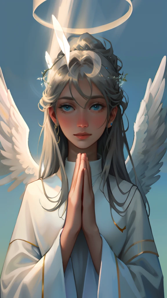Ultra realistic angel looking forward with serene halo dressed in white with praying hands serene blue eyes