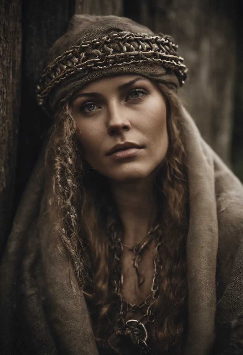 create for me an image of a woman who is a slave to a Viking, she is on his side and she is chained and she is
wearing dirty and torn clothes in a nordic village