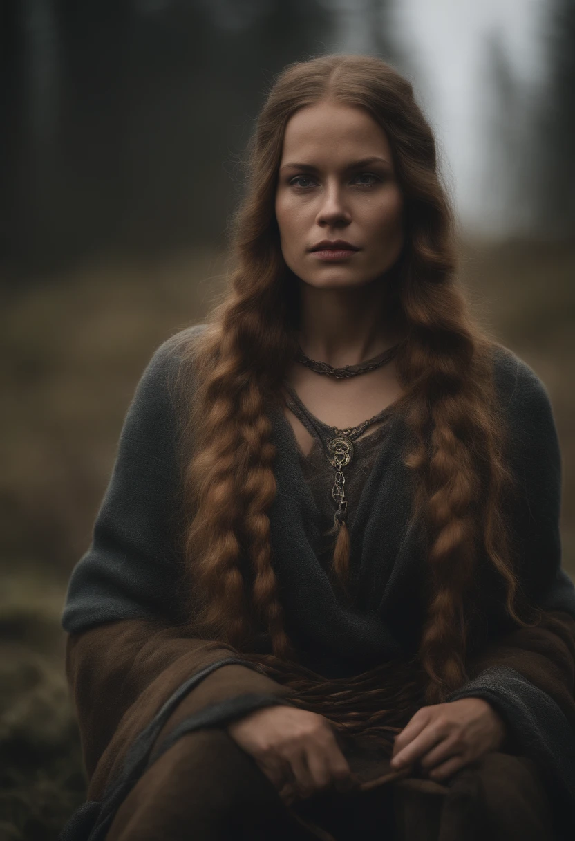 create for me an image of a woman who is a slave to a Viking, she is on his side and she is chained and she is
wearing dirty and torn clothes in a nordic village