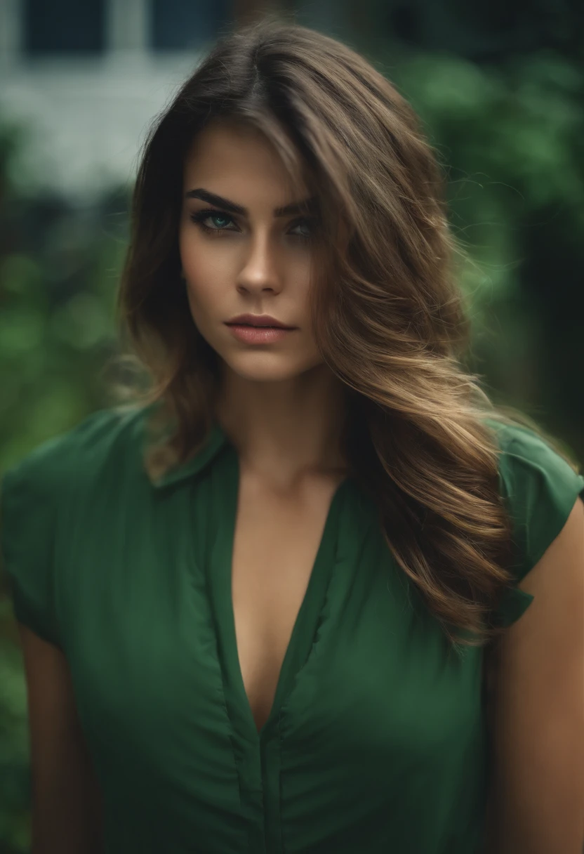fille brune, yeux vert, latina, 25ans regarde vers la camera, naturel, cheveux mi-long