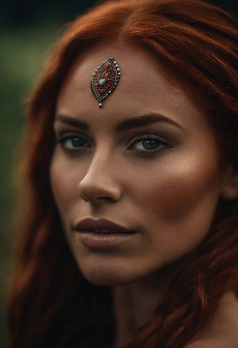 A goddess of a woman with a caramel complexion and vibrant red hair. With tribal markings only on her cheeks, lower lip and shoulder.