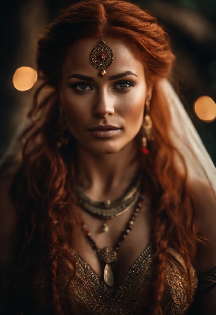 A goddess of a woman with a caramel complexion and vibrant red hair. With tribal markings only on her cheeks, lower lip and shoulder.