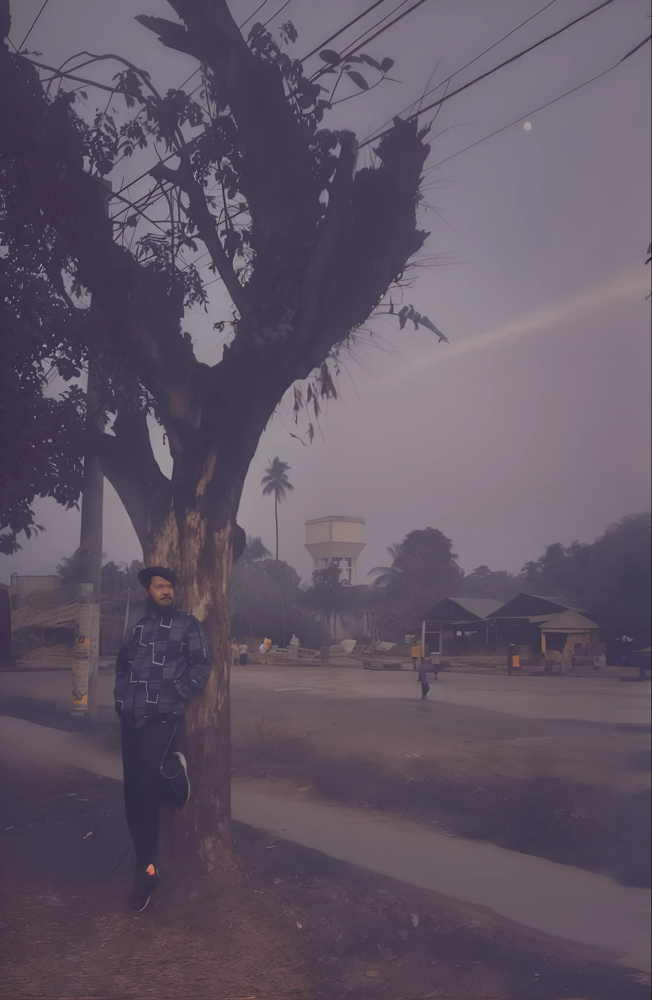 there is a man sitting on a tree in the middle of a street, with a tall tree, assamese aesthetic, low quality photograph, very very low quality picture, scenary, park in background, at evening during rain, with sunset, desaturated!!, low quality photo, with trees, with a tree in the background, blurry image, old picture