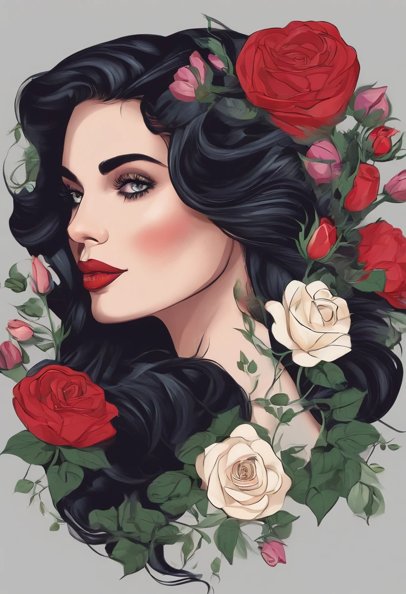 A woman's face,Dark bright eyes,Jet black smooth hair,Surrounded by flowers in all directions,Red roses,White rose,Purple tulips,Pink tulips,A sky full of white stars,Green eucalyptus leaves