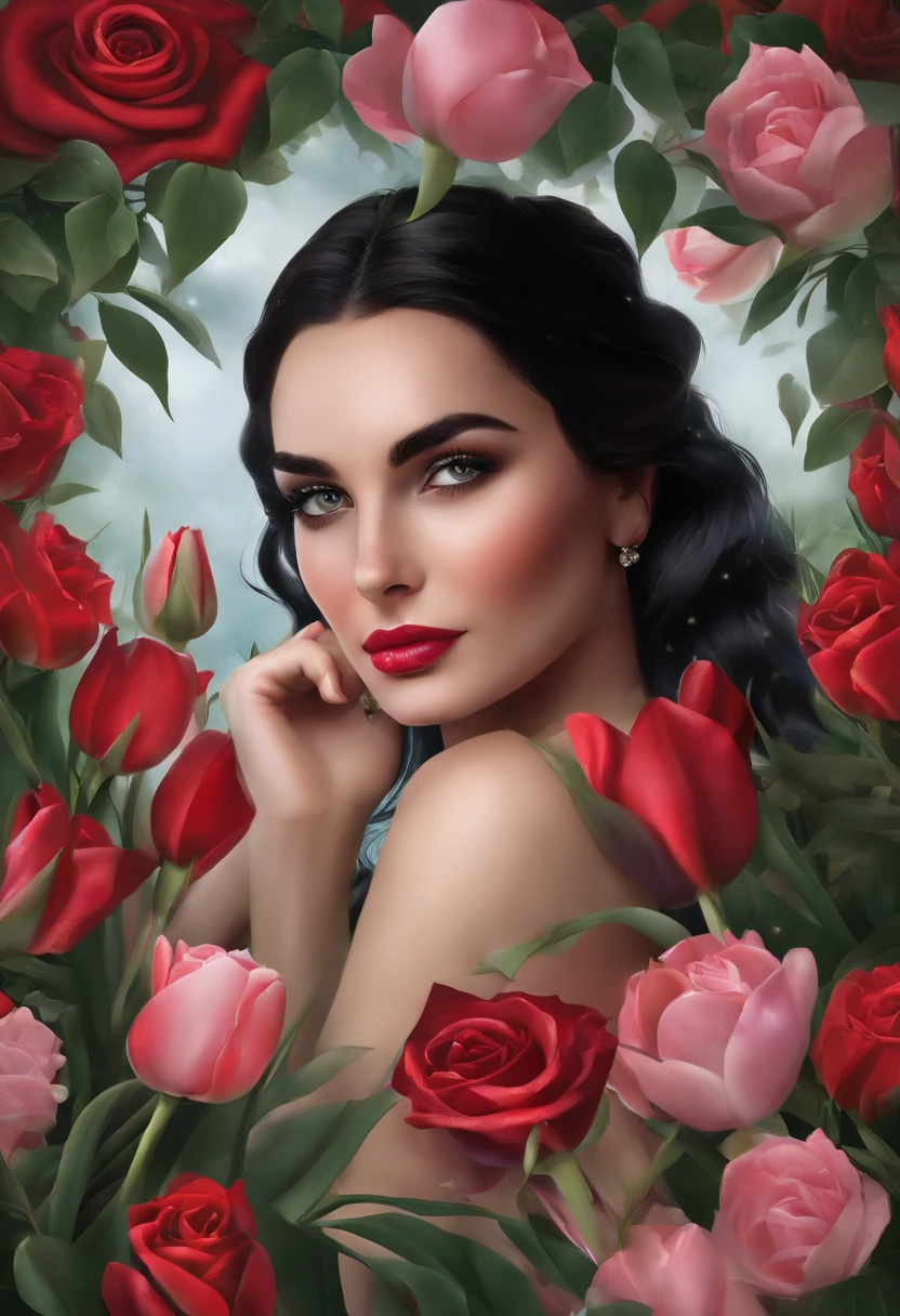 A woman's face,Dark bright eyes,Jet black smooth hair,Surrounded by flowers in all directions,Red roses,White rose,Purple tulips,Pink tulips,A sky full of white stars,Green eucalyptus leaves