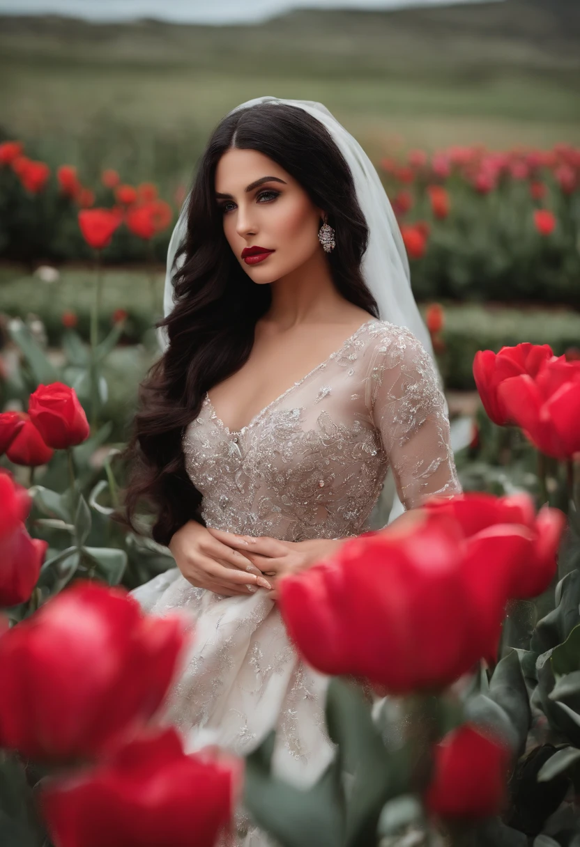 A woman's face,Dark bright eyes,Jet black smooth hair,Surrounded by flowers in all directions,Red roses,White rose,Purple tulips,Pink tulips,A sky full of white stars,Green eucalyptus leaves