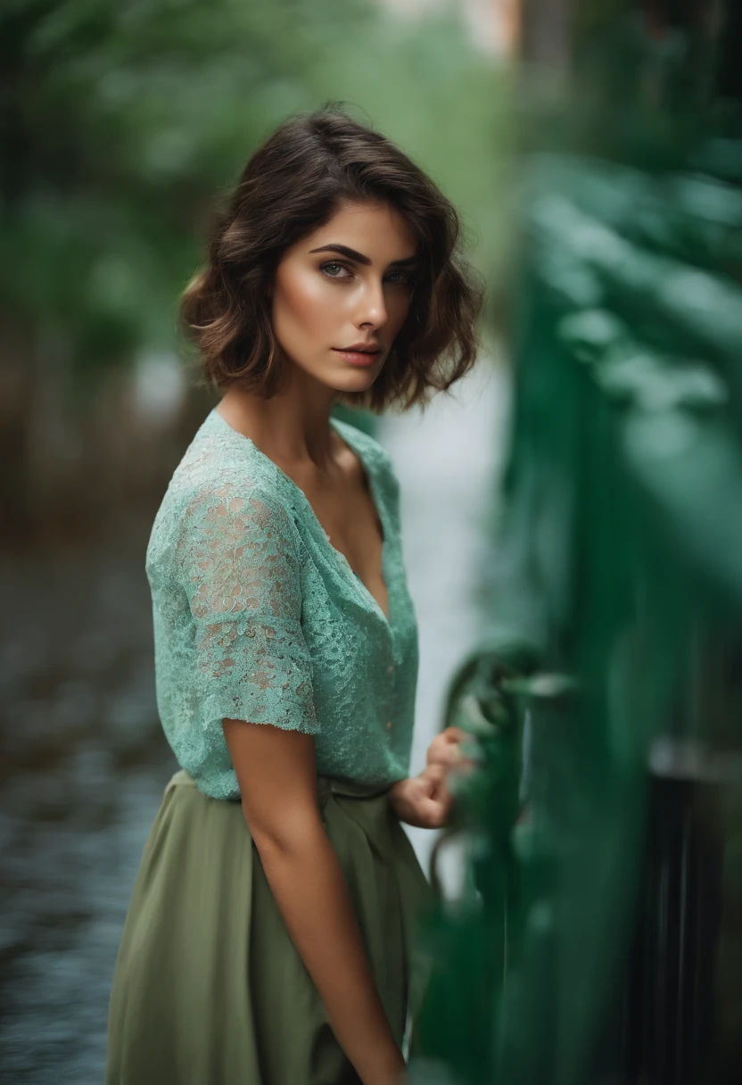 1girl, cabelos loiros, short hair, olhos azuis, camisa branca, gravata verde, saia verde, cidade, chuva, Antecedentes detalhados