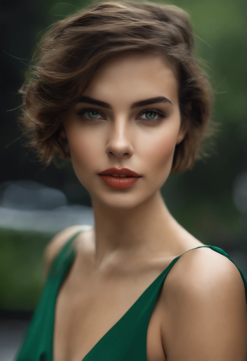 1girl, cabelos loiros, short hair, olhos azuis, camisa branca, gravata verde, saia verde, cidade, chuva, Antecedentes detalhados