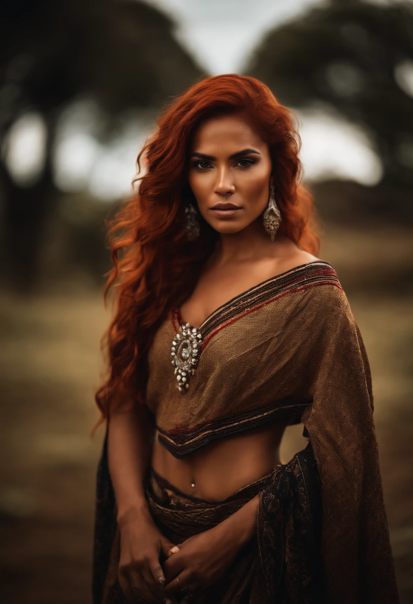 A goddess Latina woman with a caramel complexion and vibrant red hair. With tribal markings on her cheekbones, bottom lip and shoulder.