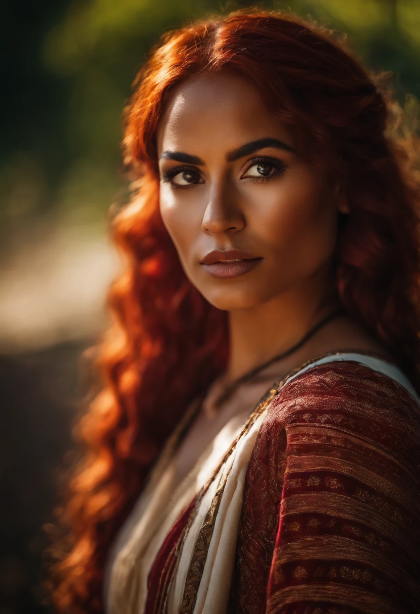 A goddess Latina woman with a caramel complexion and vibrant red hair. With tribal markings on her cheekbones, bottom lip and shoulder.
