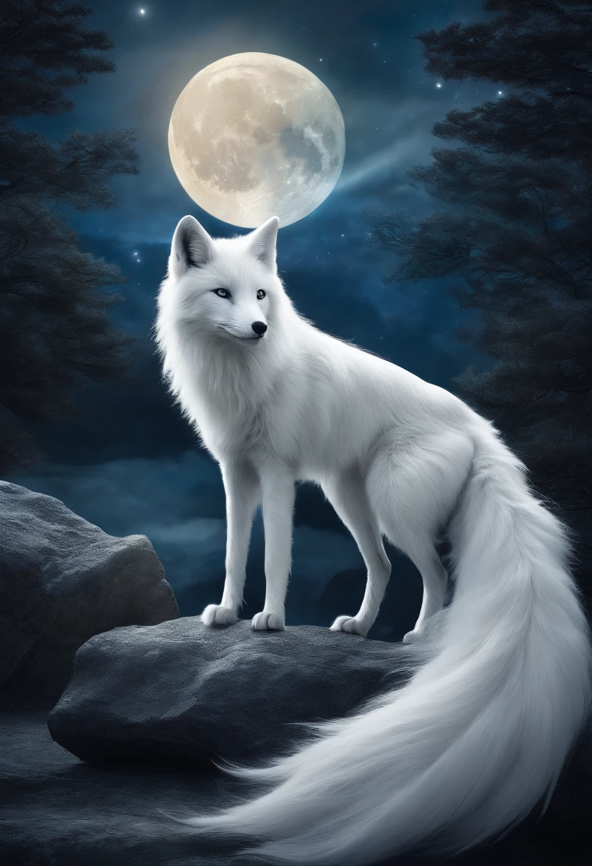 k hd，Mythical spirit beasts，Nine-tailed silver fox，Giant nine-tailed fox，White flull，Look at the moon